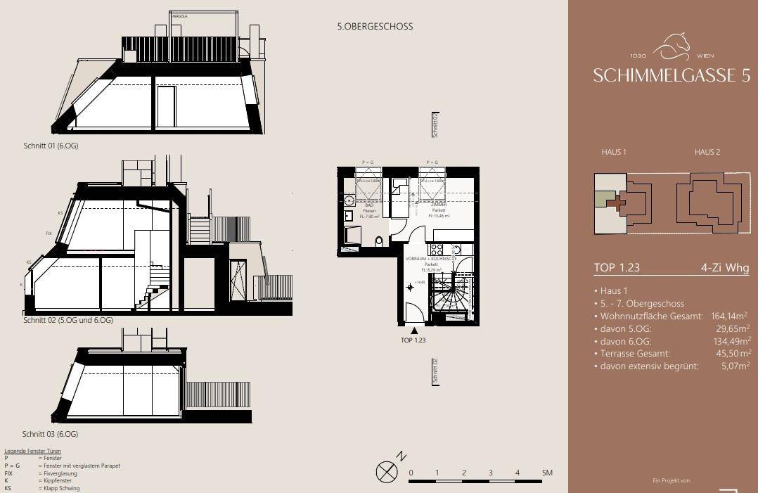 Grundriss und Schnitte des 5. Obergeschosses mit Details zur Raumaufteilung und Terrassenzugang.