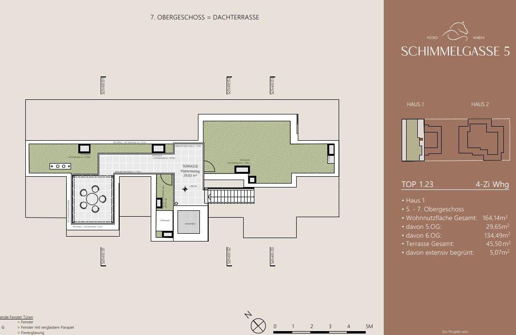 Grundriss des 7. Obergeschosses, das eine großzügige Dachterrasse mit verschiedenen Bereichen darstellt.