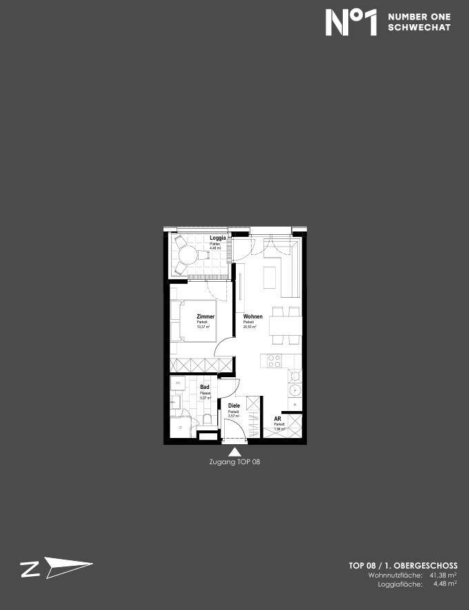 Grundriss einer Wohnung mit einem Zimmer, Bad, Diele, Abstellraum, Wohnbereich und Loggia.