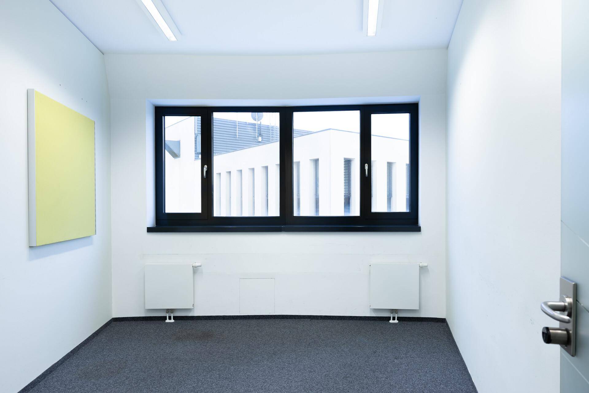 Leeres Bürozimmer mit weißen Wänden, dunklem Teppichboden, großem Fenster und zwei Heizkörpern.