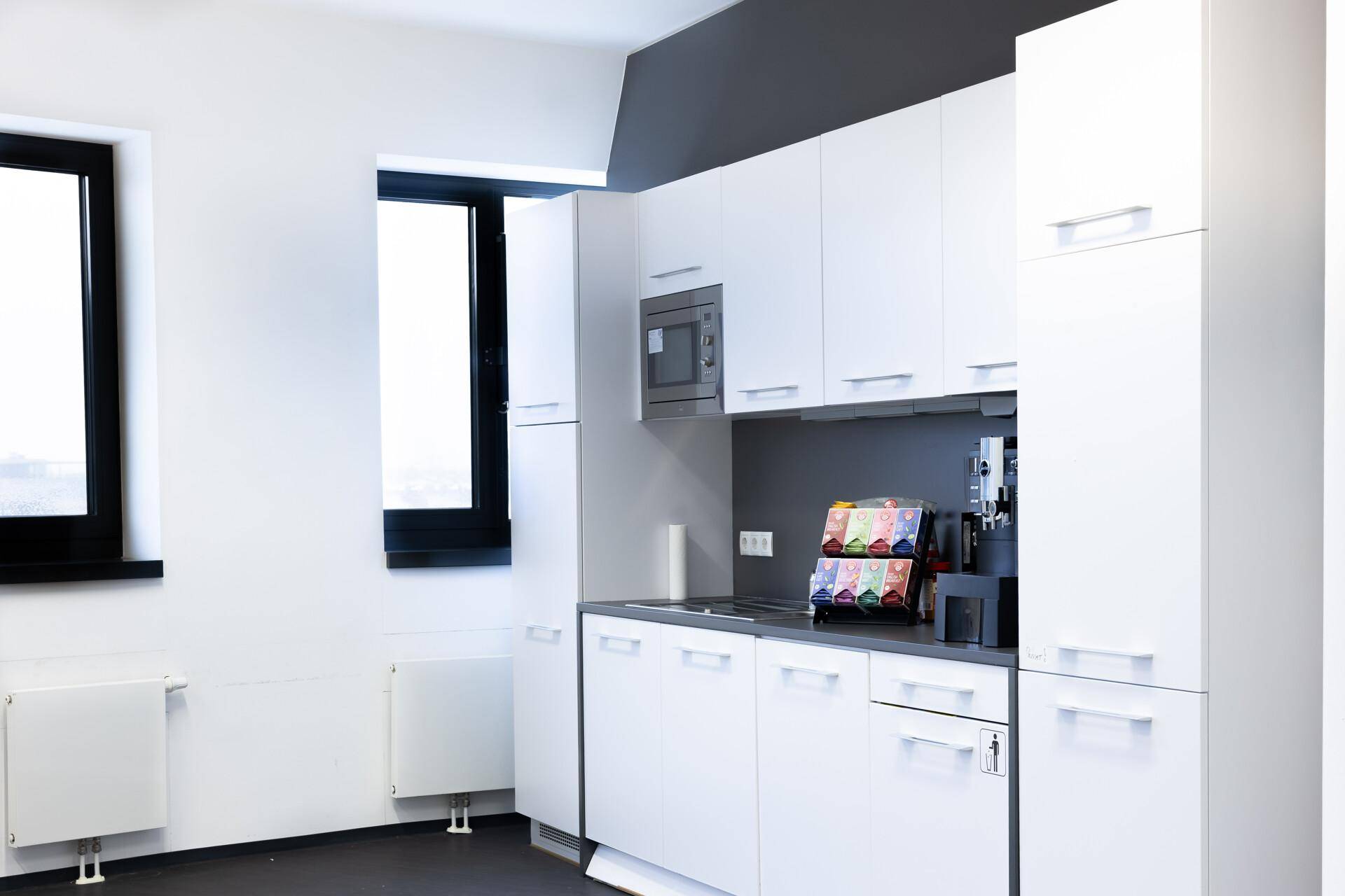 Moderne Küchenzeile mit weißen Schränken, grauer Arbeitsplatte, Mikrowelle und Kaffeemaschine, mit zwei Fenstern.