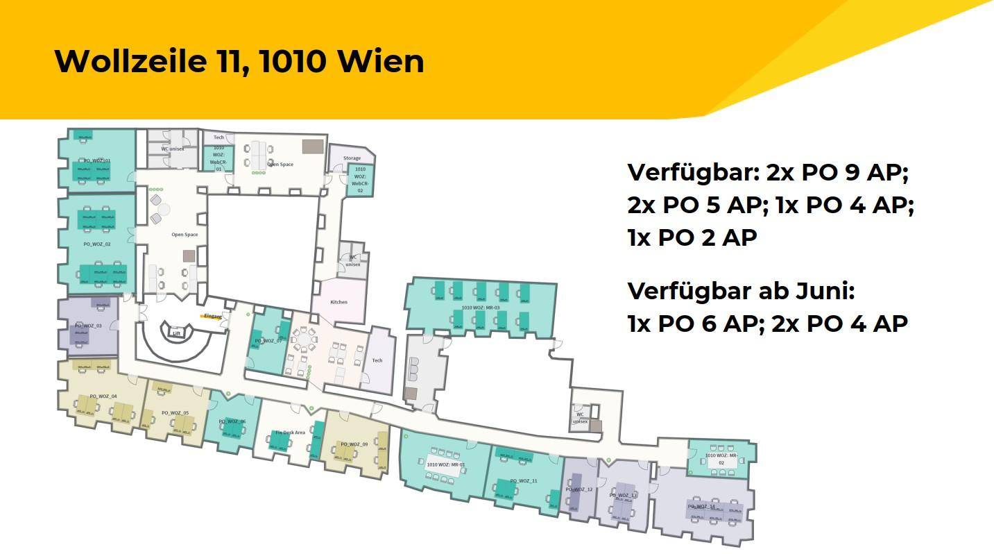 Übersichtsplan der Büroflächen in der Wollzeile 11, 1010 Wien mit Verfügbarkeiten.