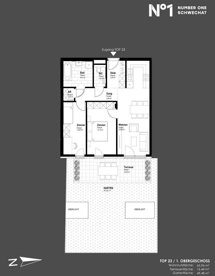 Grundriss einer Wohnung im Obergeschoss mit Terrasse und Gartenbereich.