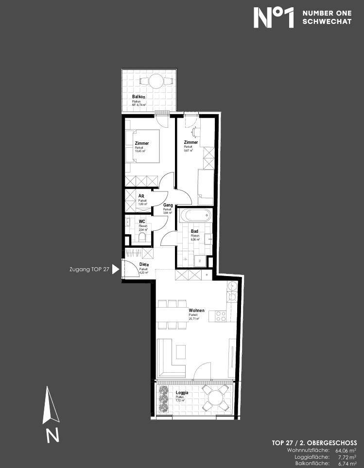 Grundriss einer Wohnung im zweiten Obergeschoss mit Balkon und Loggia.