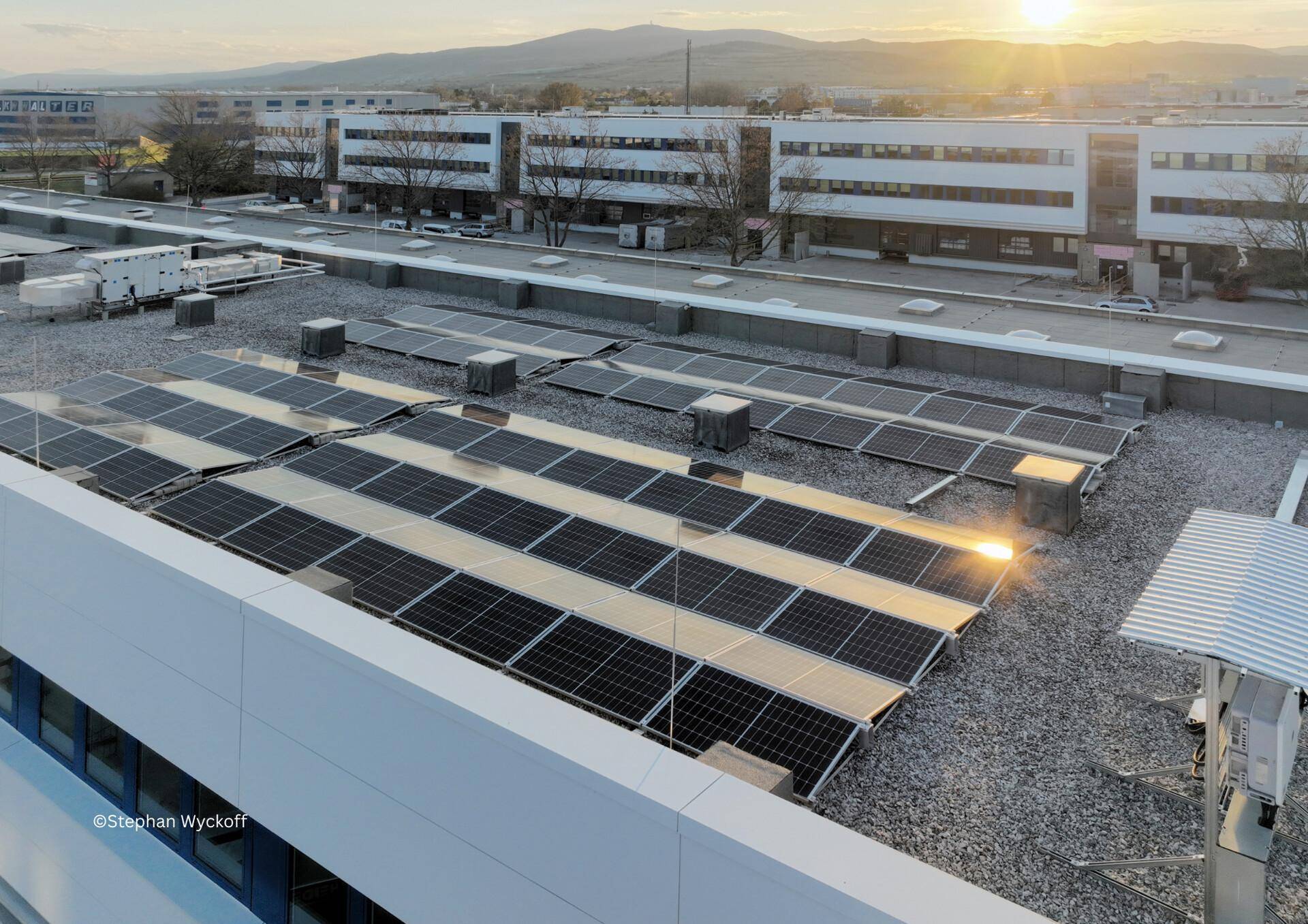 Dach eines Geschäftsgebäudes mit zahlreichen Photovoltaik-Modulen bei Sonnenuntergang.