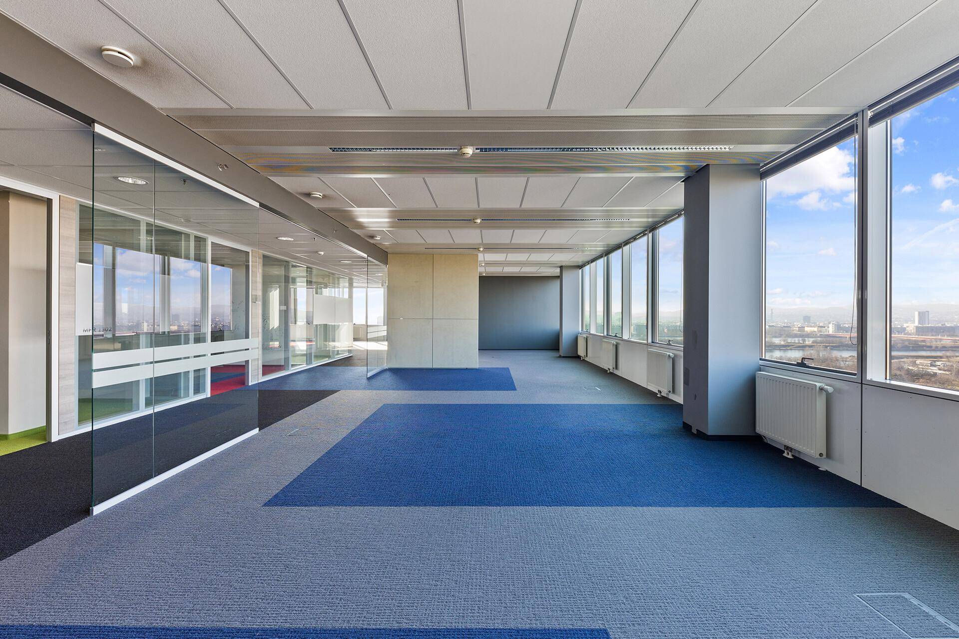 Leeres Büro mit Teppichfliesen in Blau und Grau, Glaswänden und weitem Stadtblick.