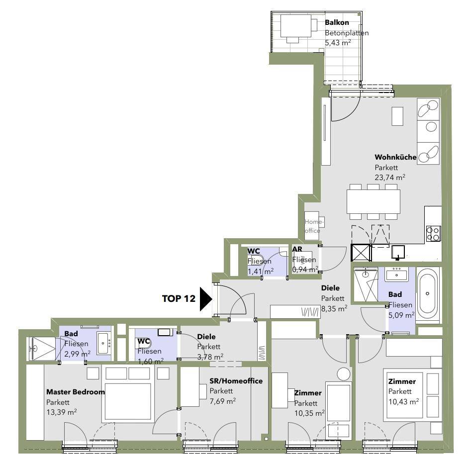 Grundriss der Wohnung Top 12 mit drei Zimmern, offener Wohnküche und Balkon.