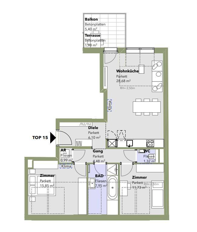 Grundriss der Wohnung Top 15 mit Wohnküche, zwei Zimmern und Balkon.