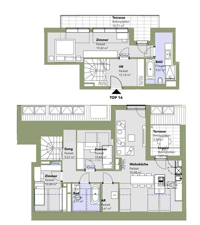 Grundriss einer Maisonette-Wohnung mit zwei Terrassen und mehreren Zimmern.