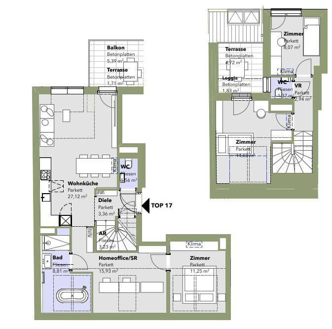 Detaillierter Grundriss einer Maisonette-Wohnung mit Balkon, Terrasse und Loggia.