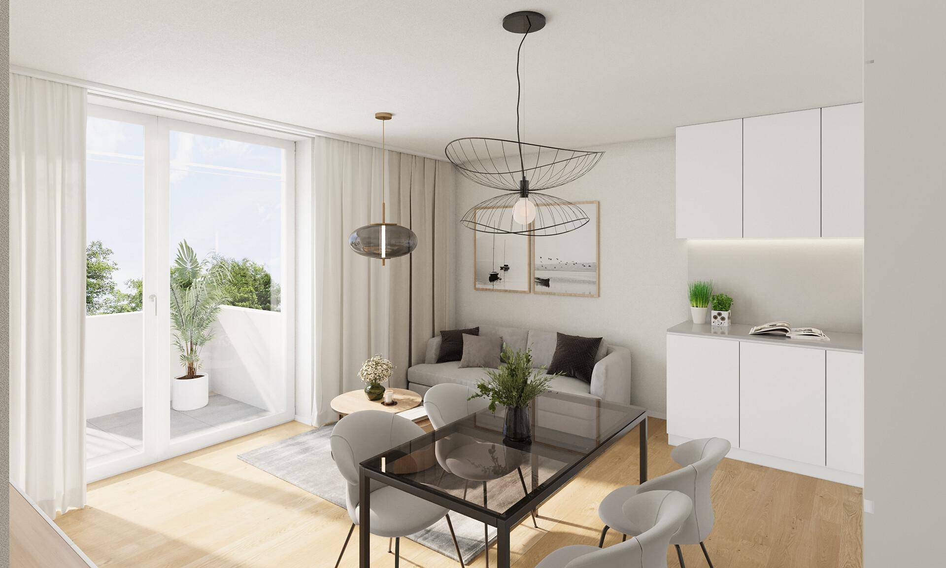 Lichtdurchfluteter Wohn-Essbereich mit Balkonzugang und modernem Design.
