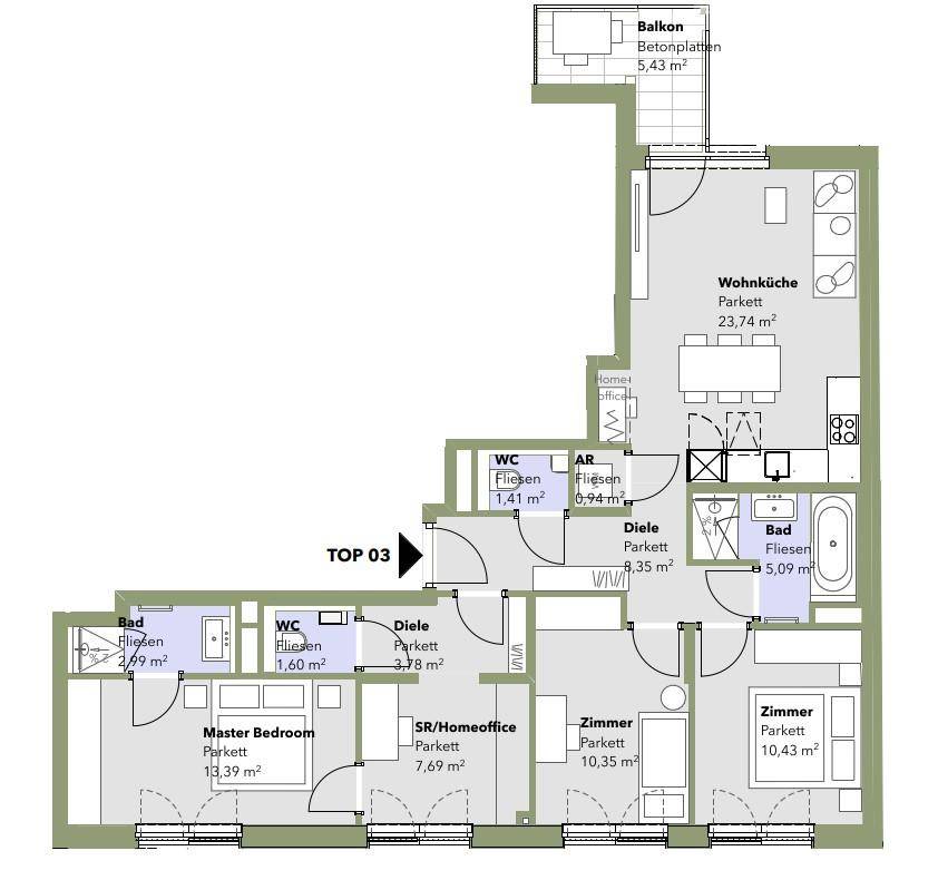 Detaillierter Grundriss einer Wohnung mit Wohnküche, Schlafzimmern und Balkon.