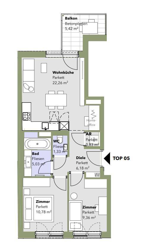 Grundriss der Wohnung TOP 05 mit Wohnküche, zwei Zimmern und Balkon.