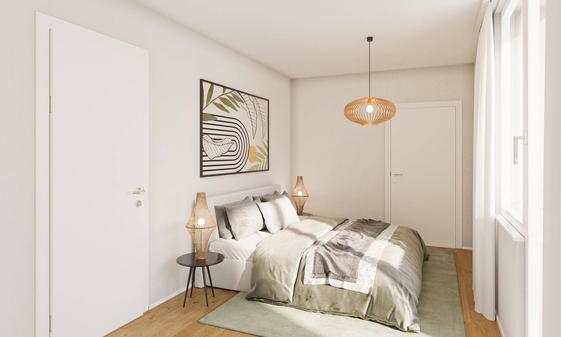 Gemütliches Schlafzimmer mit Doppelbett, Holzboden und natürlichem Lichteinfall.