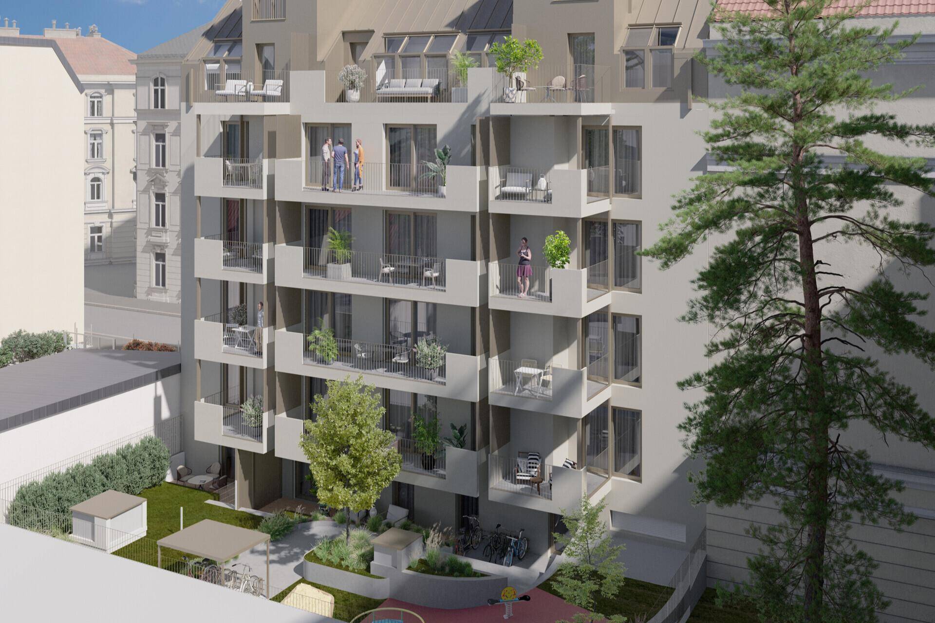 Moderne Wohnanlage mit mehreren Balkonen und einem begrünten Innenhof.