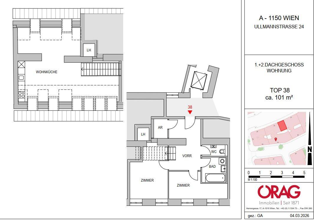 Grundriss einer Dachgeschosswohnung mit zwei Ebenen, offener Wohnküche, Zimmern und Bädern auf 101 m².