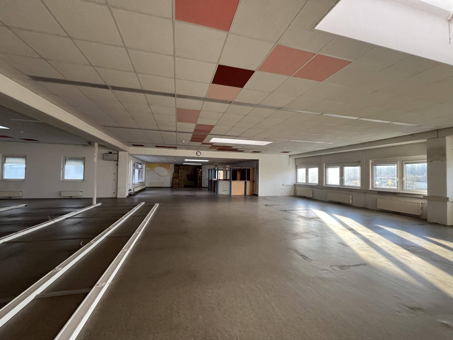 Große, offene Gewerbefläche mit Tageslicht, abgehängter Decke und vielseitigen Nutzungsmöglichkeiten.
