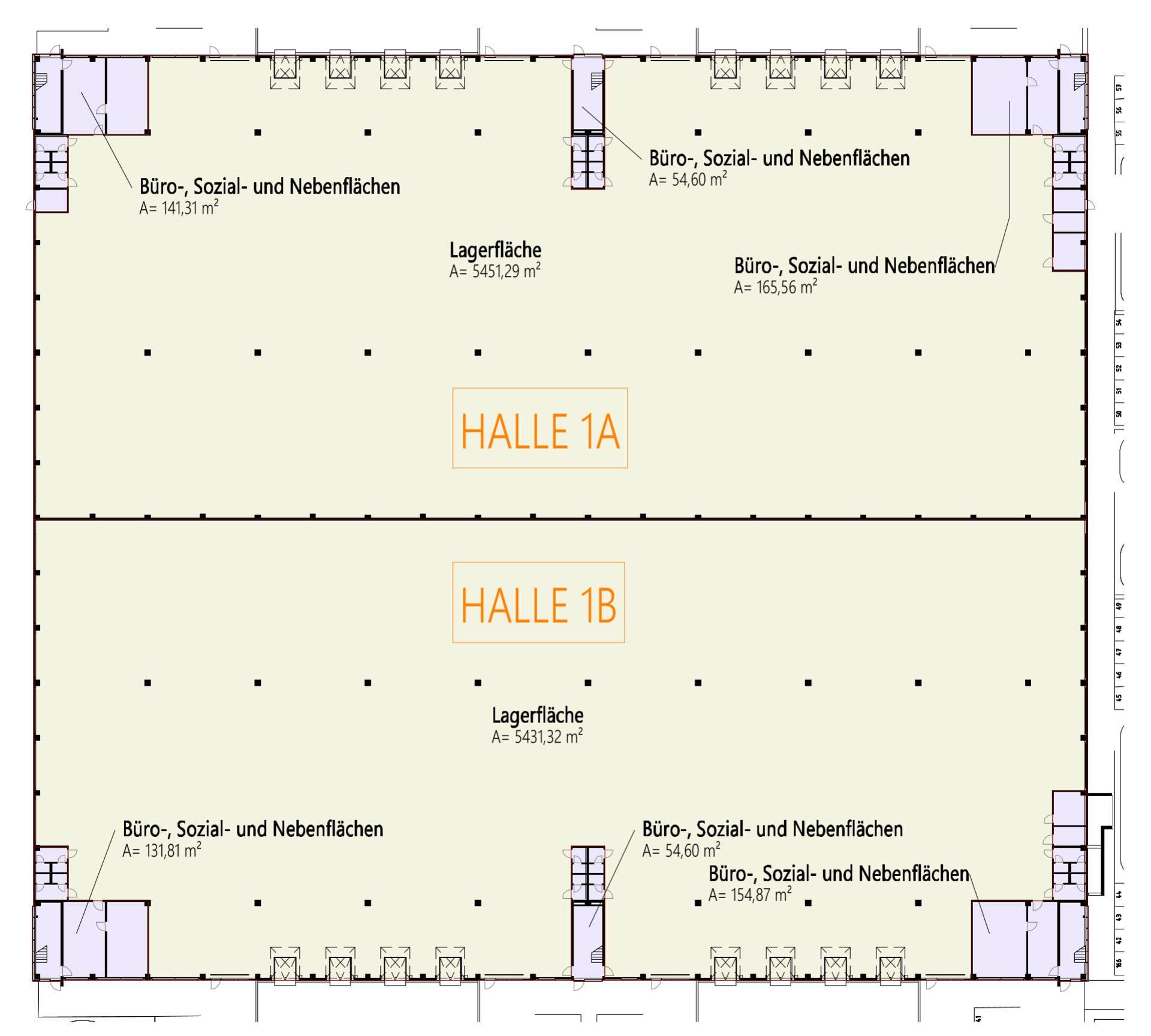 Grundriss der Halle 1A und 1B mit großen Lagerflächen sowie integrierten Büro- und Sozialbereichen.
