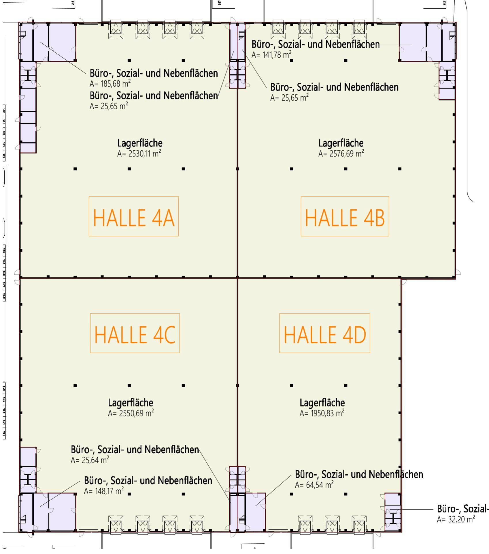 Grundriss der Halle 4A bis 4D mit effizienten Lagerflächen und funktionalen Büro- und Sozialbereichen.