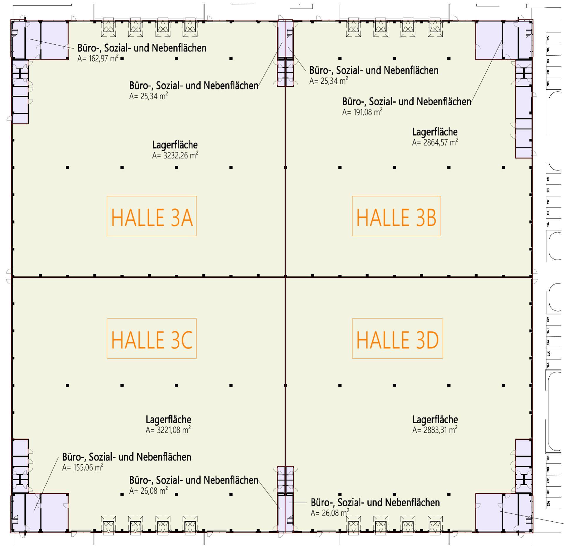 Grundriss der Halle 3A bis 3D mit großzügigen Lagerflächen und zugehörigen Büro- und Sozialbereichen.