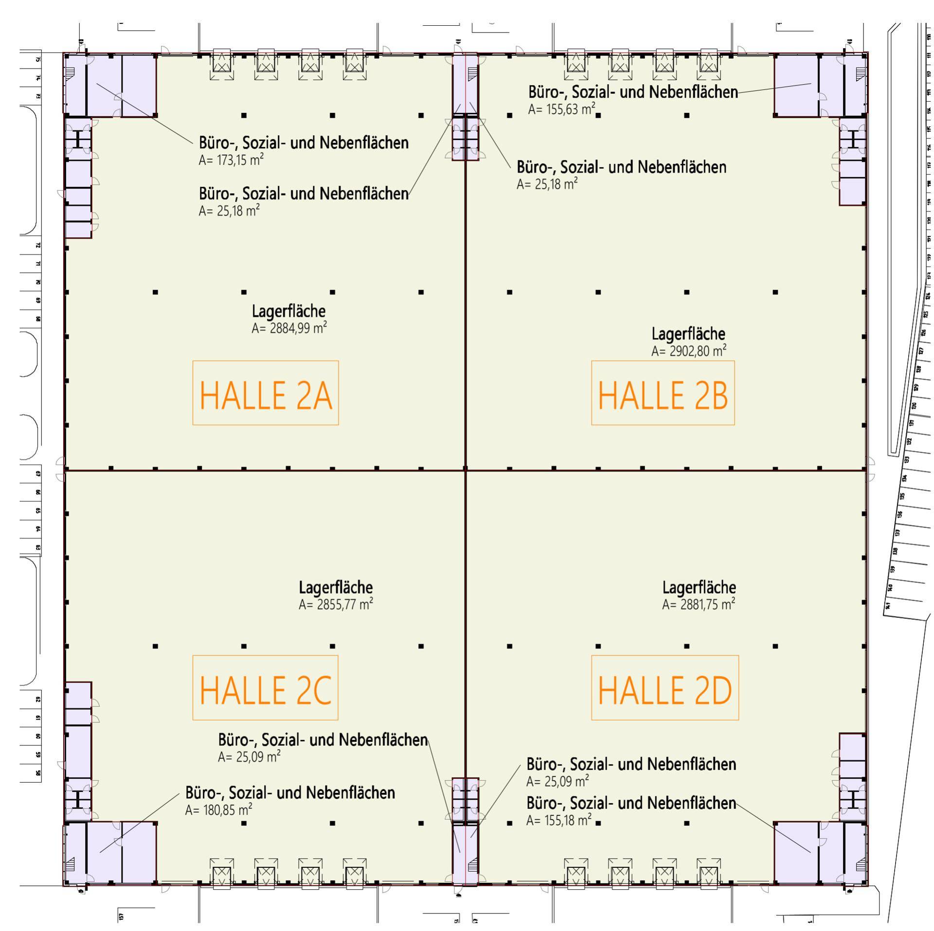 Grundriss der Halle 2A bis 2D mit flexiblen Lagerflächen und angrenzenden Büro- und Sozialbereichen.