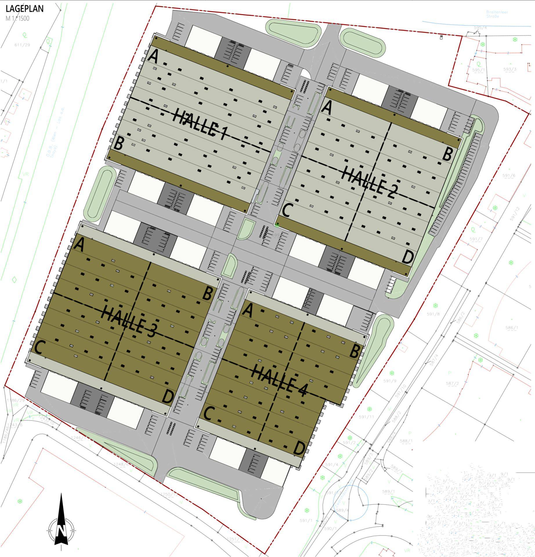 Lageplan der Industrieanlage mit vier Hallen und umliegenden Park- und Ladebereichen für effiziente Logistik.