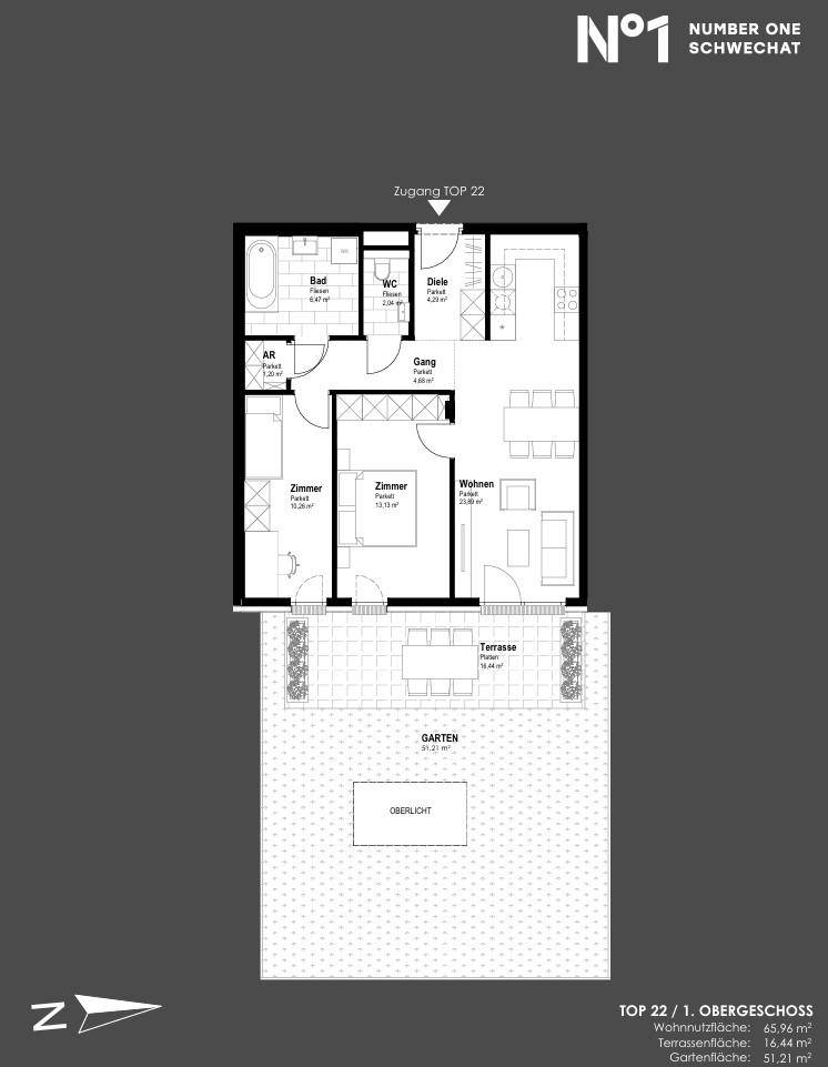 Grundriss der Wohnung TOP 22 im ersten Obergeschoss mit Terrasse und Gartenanteil.