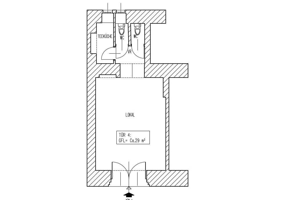Grundrissplan eines Gewerberaums mit Teeküche und zwei separaten Toilettenbereichen.