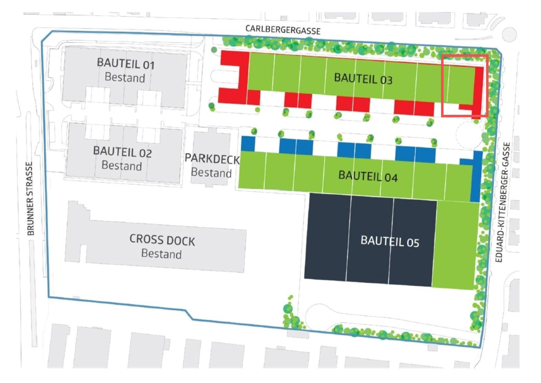 Übersichtsplan des Gewerbegebiets mit verschiedenen Gebäudeteilen, Parkdeck und Grünflächen zur Orientierung.