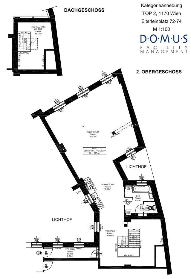 Grundriss des Dachgeschosses und 2. Obergeschosses mit Raumaufteilung und Lichtschächten.