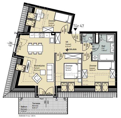 Detaillierter Grundriss einer Wohnung mit Wohnküche, drei Zimmern und Terrasse.