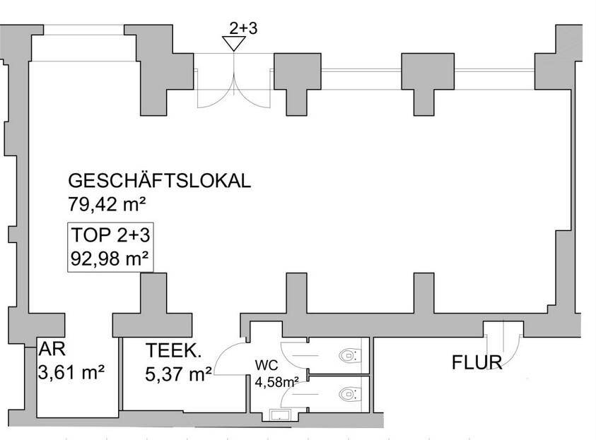 Grundriss eines Geschäftslokals mit 79,42 m² und separatem WC-Bereich.