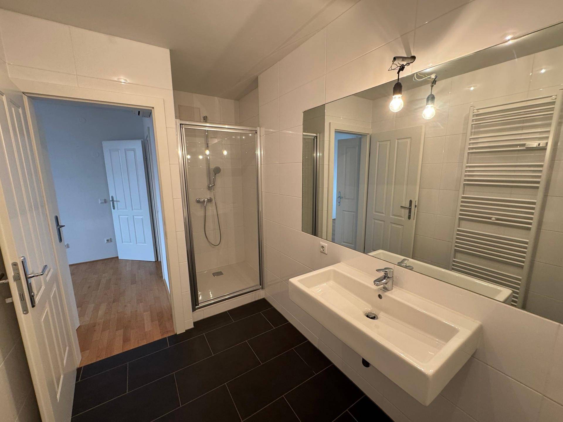 Modernes Badezimmer mit einer Duschkabine, einem großen Waschbecken und dunklen Bodenfliesen.