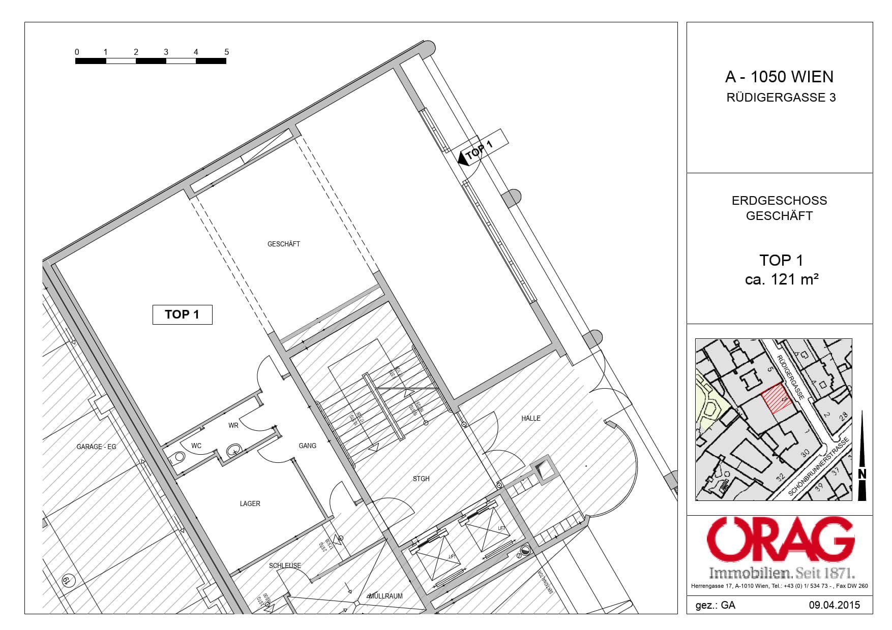 Grundriss des Erdgeschosses für Geschäft TOP 1 mit einer Fläche von ca. 121 m².
