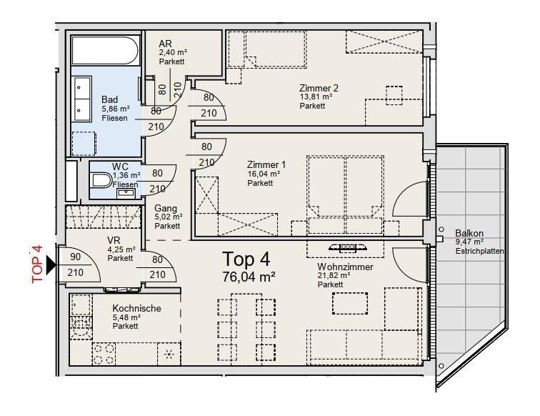 Detaillierter Grundriss einer Wohnung mit 76,04 m² und Balkon.