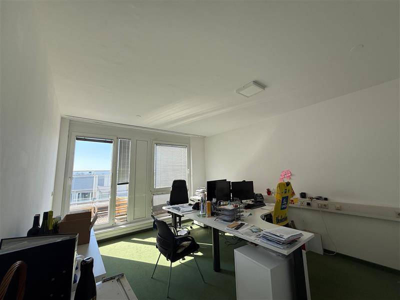Helles Büro mit Schreibtischen, Computern und großen Fenstern, die viel Tageslicht hereinlassen.