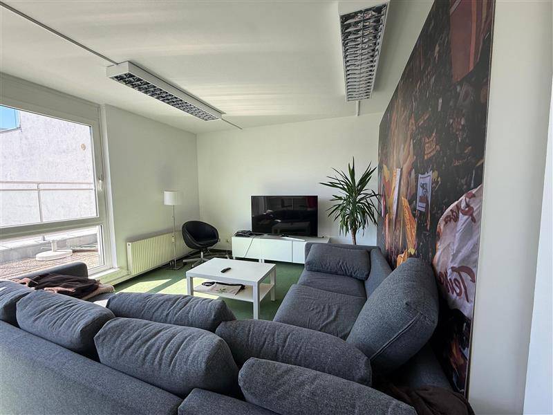 Entspannter Loungebereich mit großem grauen Sofa, Fernseher und einer Wand mit großformatigem Bild.