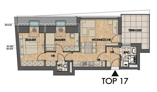 Detaillierter Grundriss der Wohnung mit Wohnküche, zwei Zimmern, Bad und Terrasse.