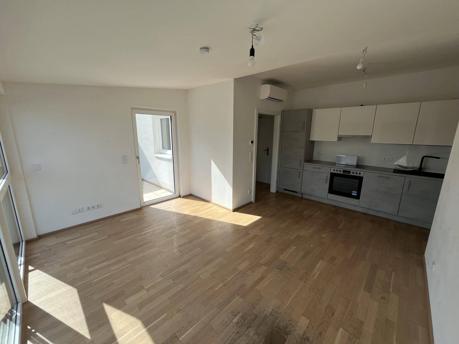 Offener Wohn- und Küchenbereich mit Parkettboden, moderner Einbauküche und Zugang zur Terrasse.
