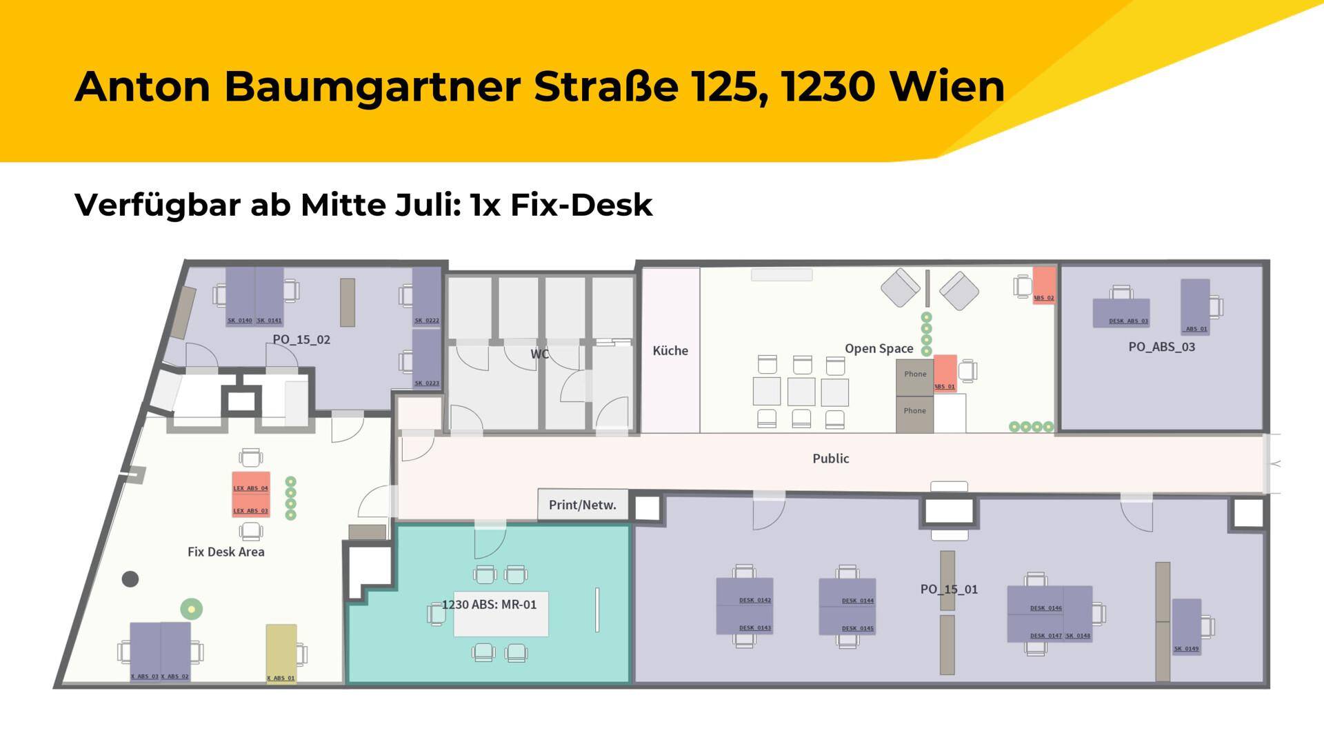 Grundriss eines Bürokomplexes mit verschiedenen Arbeitsbereichen, offener Fläche, Küche und Toiletten.