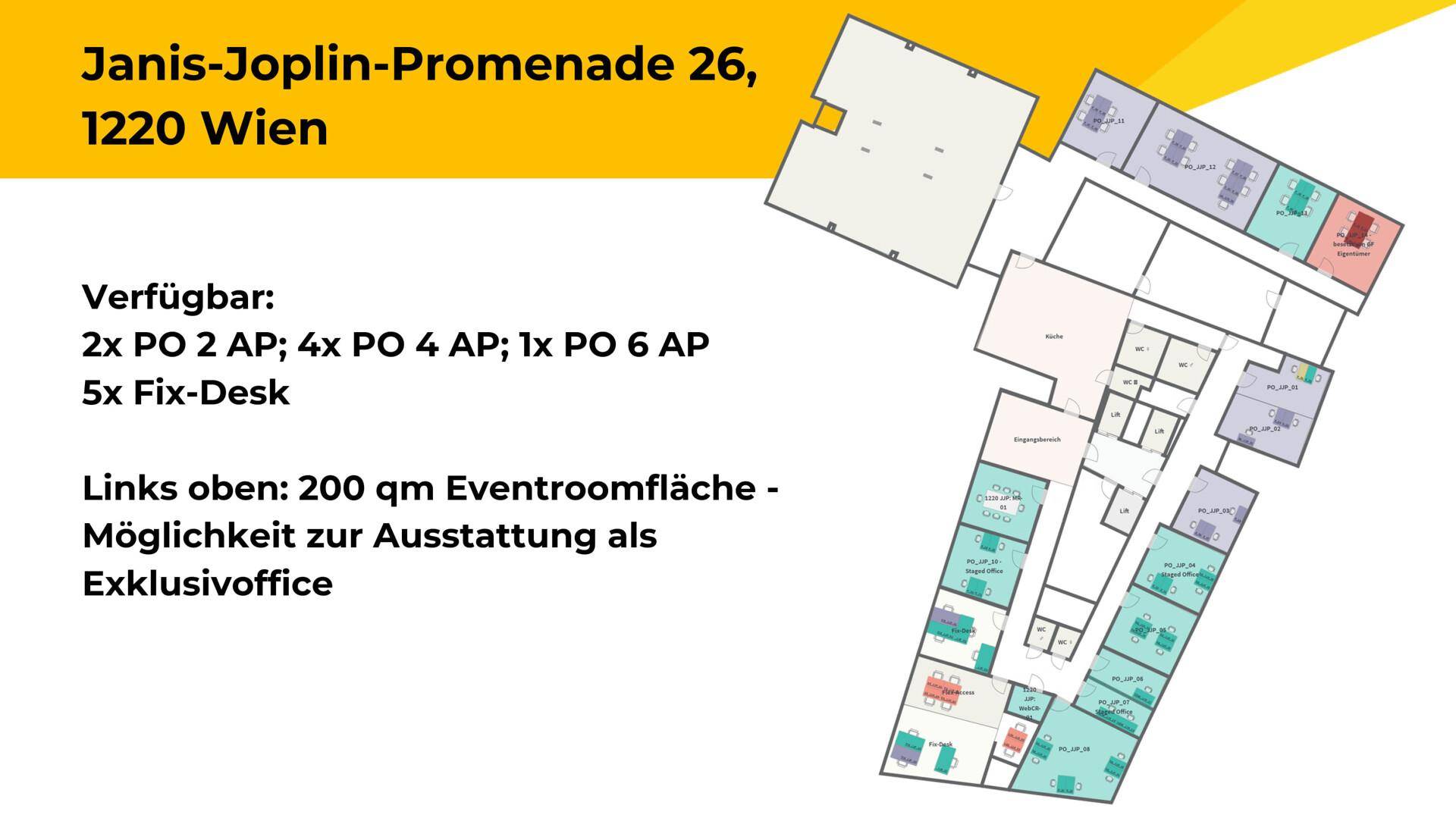 Grundriss eines Bürokomplexes mit verschiedenen Arbeitsbereichen und einer großen Eventraumfläche.