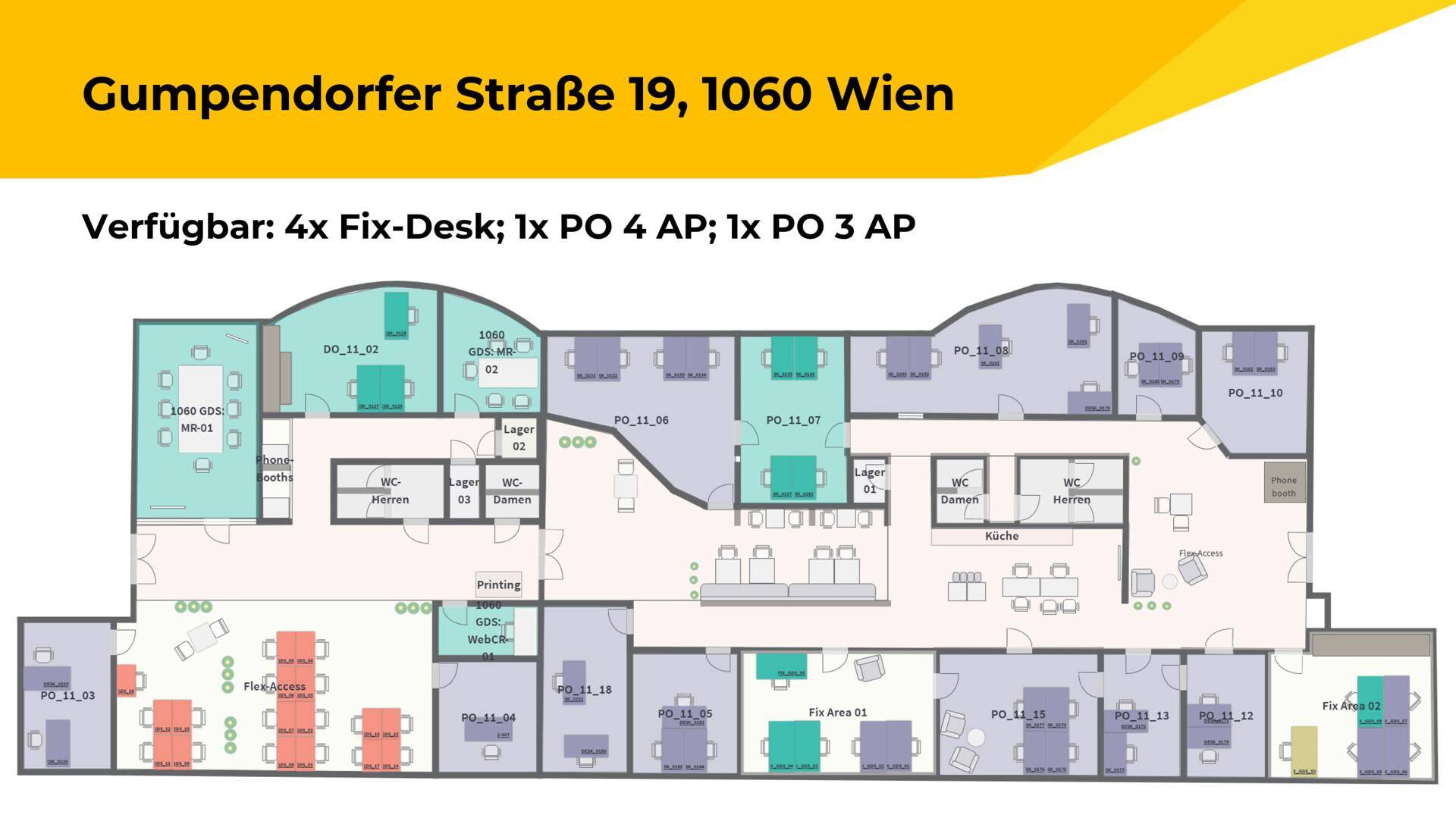 Grundriss eines Bürogebäudes mit verschiedenen Büroräumen und Gemeinschaftsbereichen.