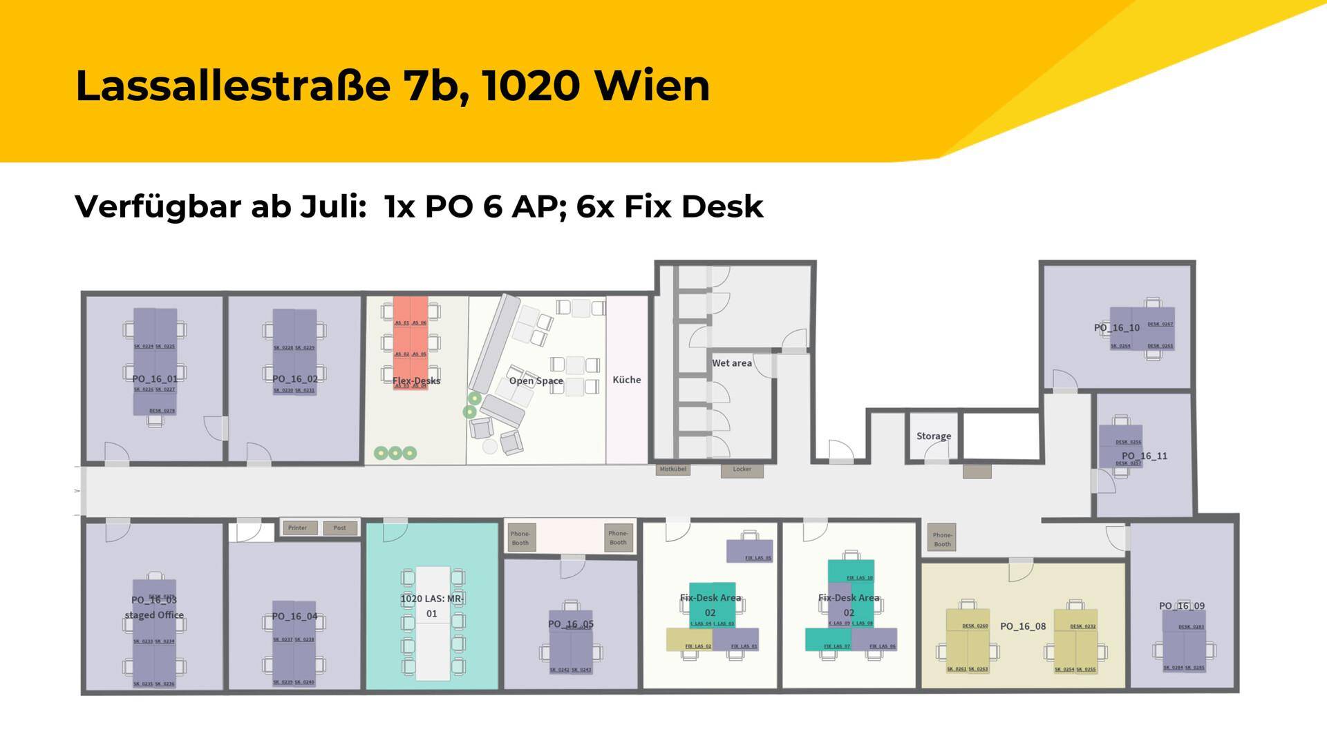 Dieser Grundriss zeigt eine Bürofläche mit mehreren Einzelbüros, einem offenen Arbeitsbereich und einer Küche.