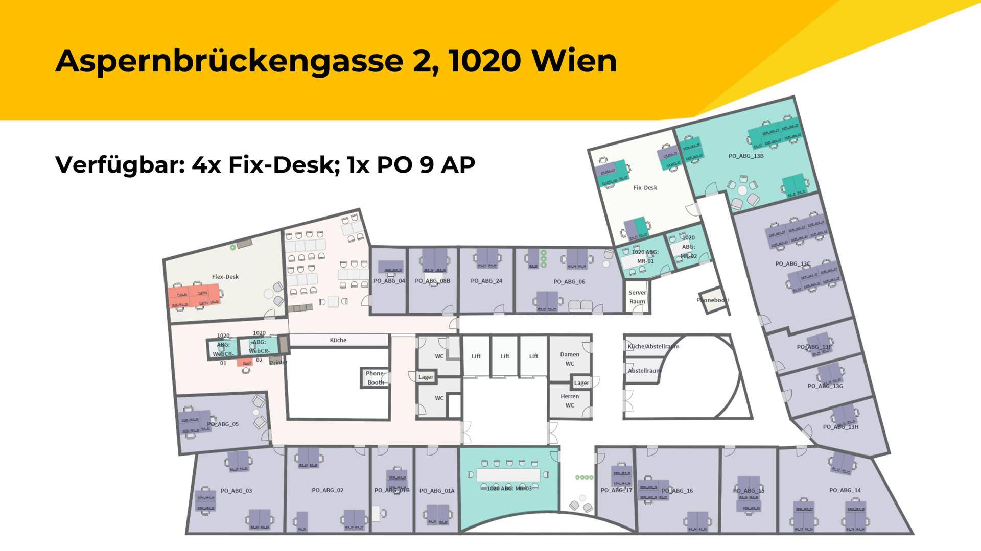 Detaillierter Grundriss eines Bürogebäudes mit verschiedenen Arbeitsbereichen und Besprechungsräumen.
