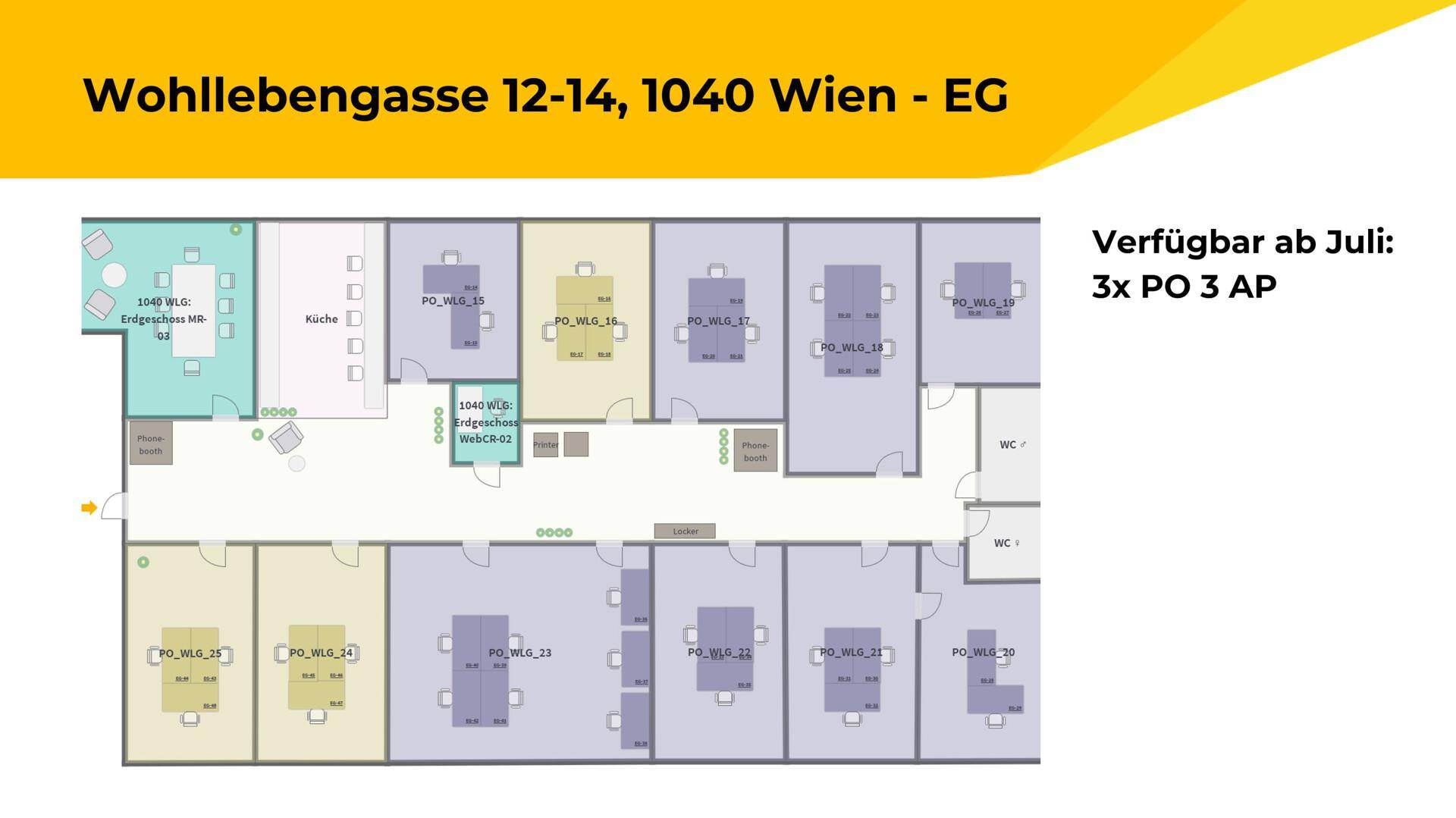 Grundriss des Erdgeschosses in der Wohllebengasse 12-14, 1040 Wien, zeigt Büroflächen und eine Küche.