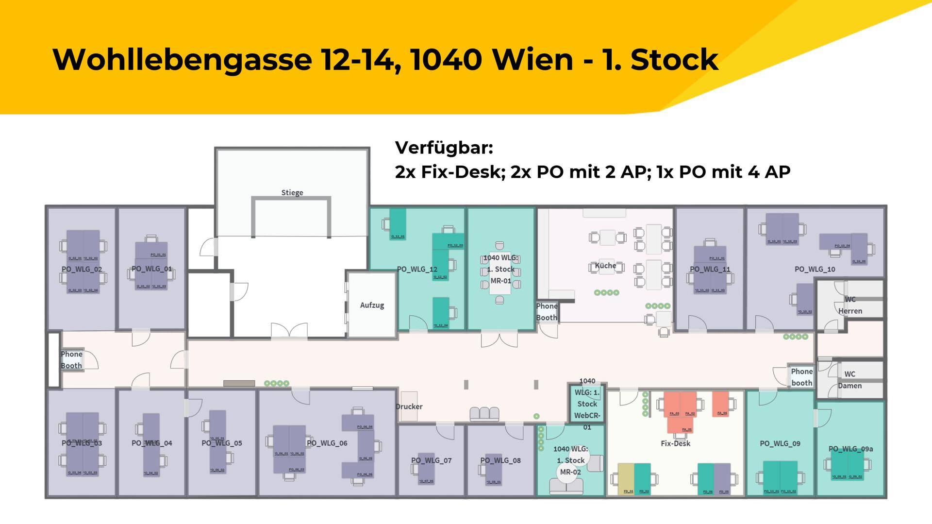 Grundriss des ersten Stocks in der Wohllebengasse 12-14, 1040 Wien, mit Büros, Küche und Telefonzellen.