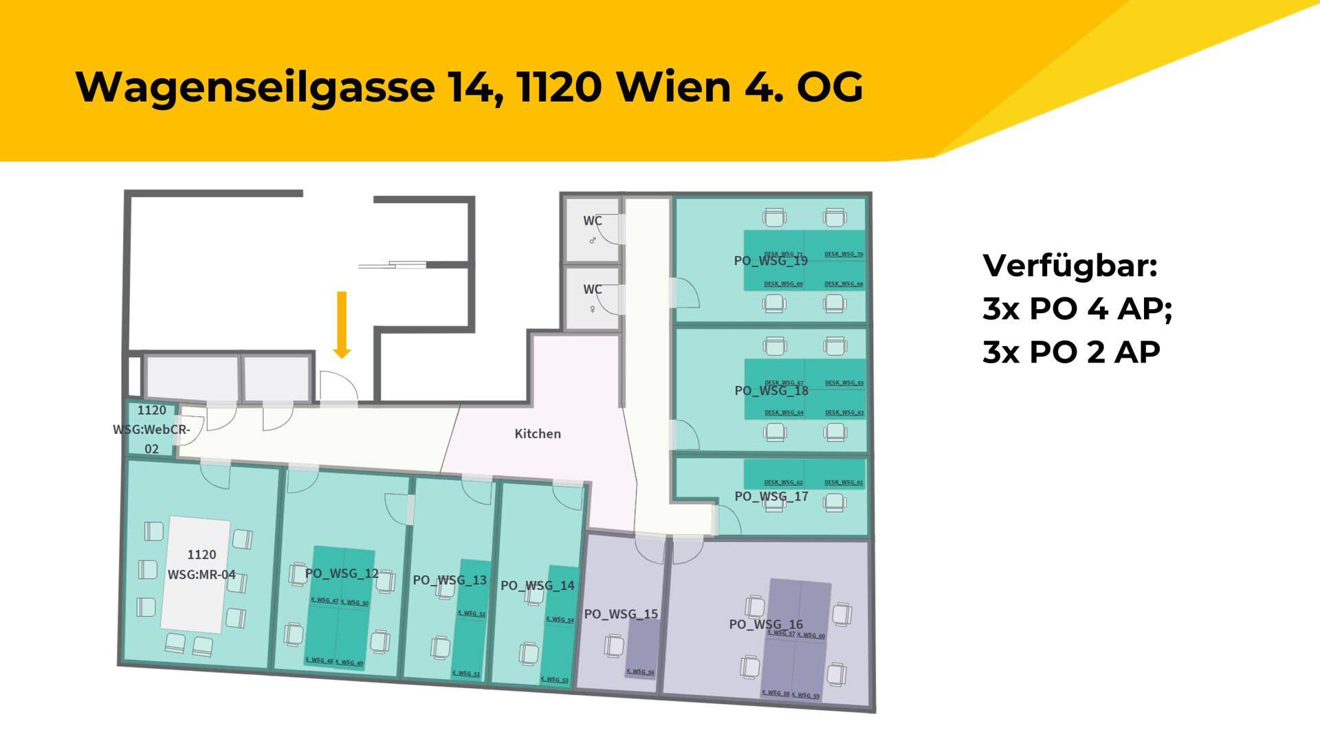 Grundriss des 4. Obergeschosses in Wien, zeigt eine Bürofläche mit mehreren Einzelbüros und einer Küche.