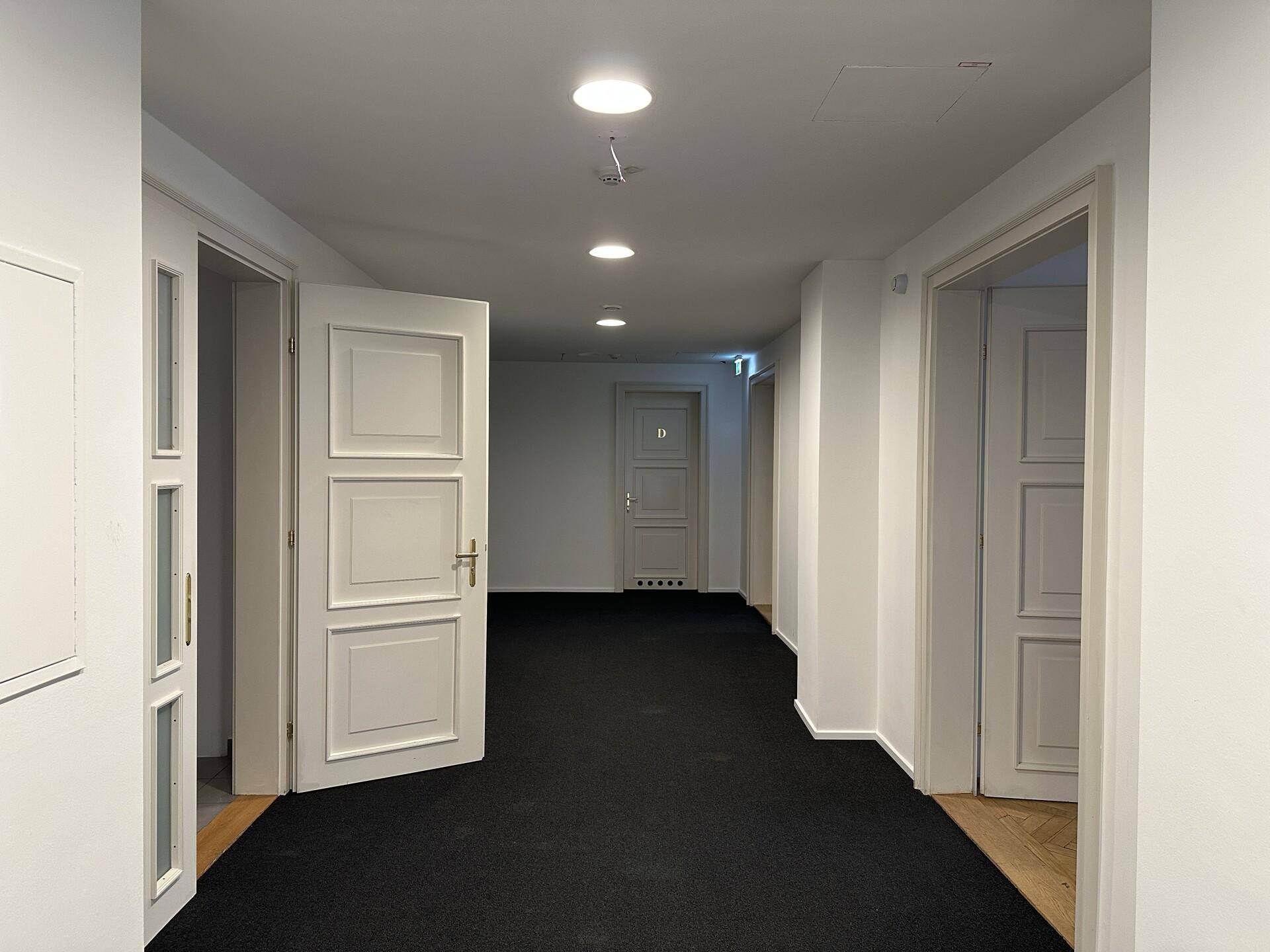 Langer Flur mit dunklem Teppichboden, weißen Türen und eingelassener Deckenbeleuchtung.