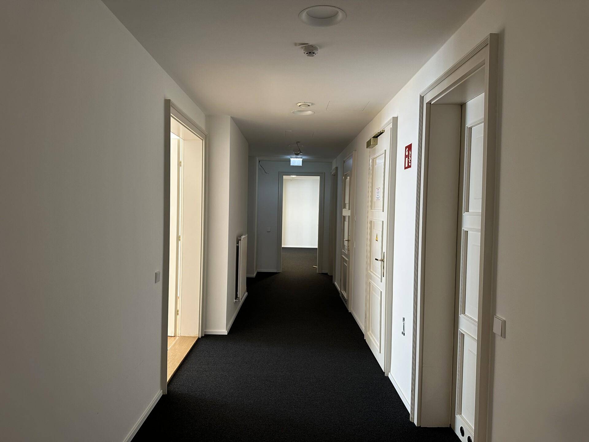 Langer, gut beleuchteter Flur mit dunklem Teppichboden und mehreren weißen Türen zu den Büroräumen.