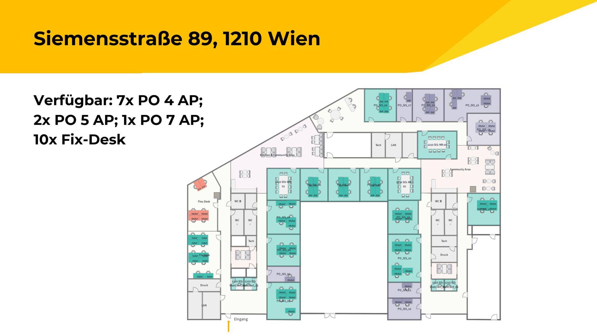 Grundriss eines Bürogebäudes mit verschiedenen Arbeitsbereichen, Besprechungsräumen und Gemeinschaftsflächen.